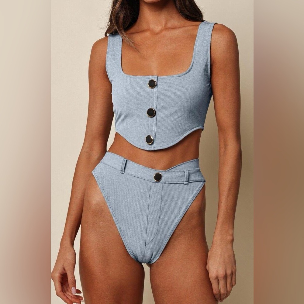 Montce x Olivia Culpo NWT Light Blue Denim Swim Corset and Bikini Bottoms Set